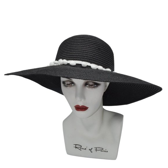 Black Wide Brim Straw Sun Hat Pom Embellished - Picture 6 of 8